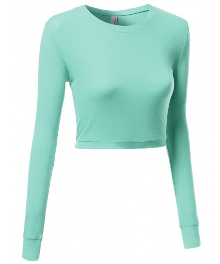 Women's Basic Solid Long Sleeve Round Neck Crop Sweater Tops