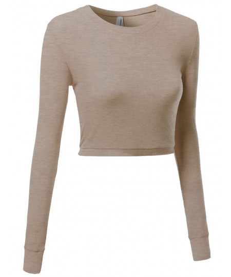 Women's Basic Solid Long Sleeve Round Neck Crop Sweater Tops