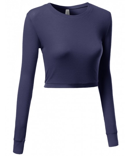 Women's Basic Solid Long Sleeve Round Neck Crop Sweater Tops