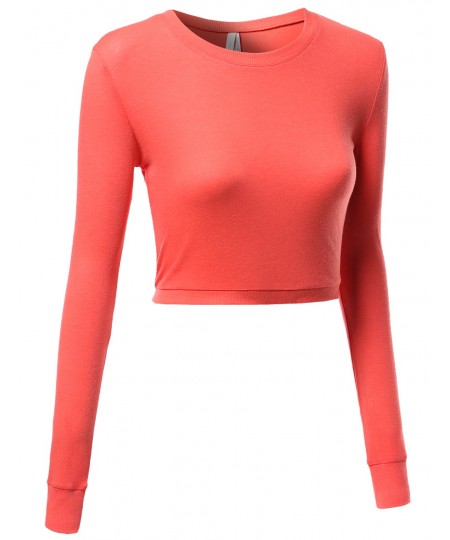 Women's Basic Solid Long Sleeve Round Neck Crop Sweater Tops