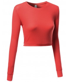 Women's Basic Solid Long Sleeve Round Neck Crop Sweater Tops