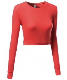 Women's Basic Solid Long Sleeve Round Neck Crop Sweater Tops