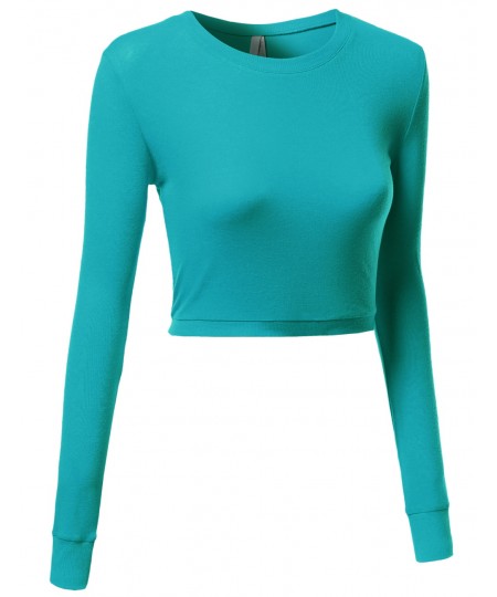 Women's Basic Solid Long Sleeve Round Neck Crop Sweater Tops