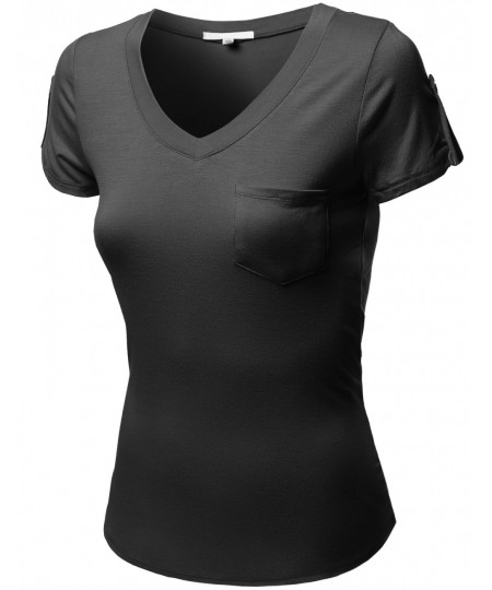 Women's Short Sleeve Decorative Button Epaulet Pocket V Neck T Shirt Tops