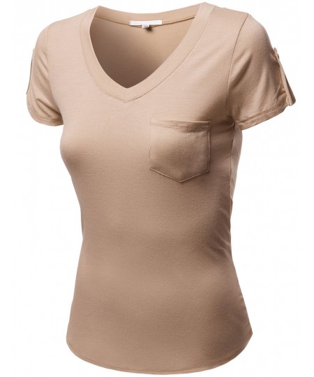 Women's Short Sleeve Decorative Button Epaulet Pocket V Neck T Shirt Tops
