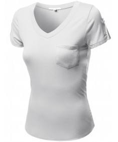 Women's Short Sleeve Decorative Button Epaulet Pocket V Neck T Shirt Tops