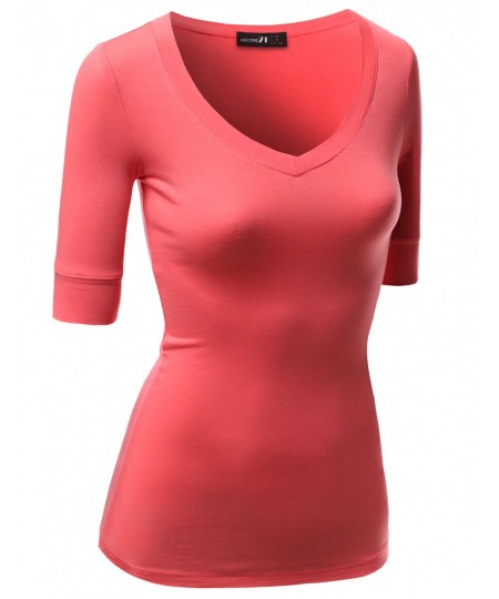 Women's Basic Solid Arm Sleeve V Neck T-Shirt Tops