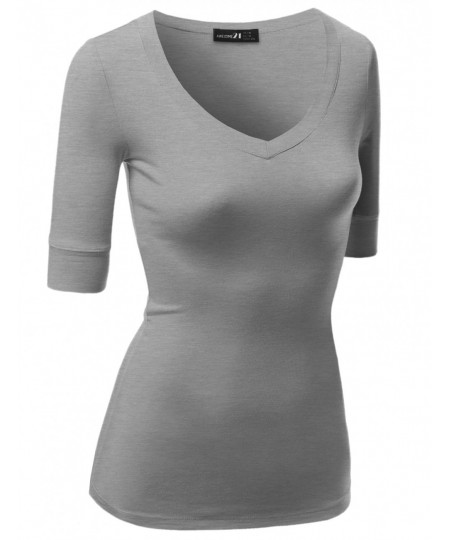 Women's Basic Solid Arm Sleeve V Neck T-Shirt Tops