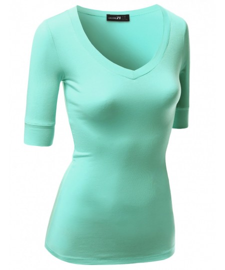 Women's Basic Solid Arm Sleeve V Neck T-Shirt Tops