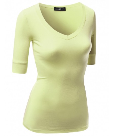 Women's Basic Solid Arm Sleeve V Neck T-Shirt Tops
