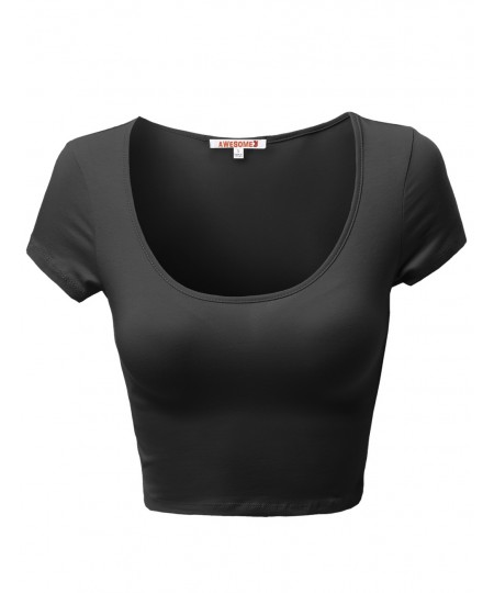 Women's Basic Solid Scoop Neck Slim Fit Cap Sleeve Crop Tops