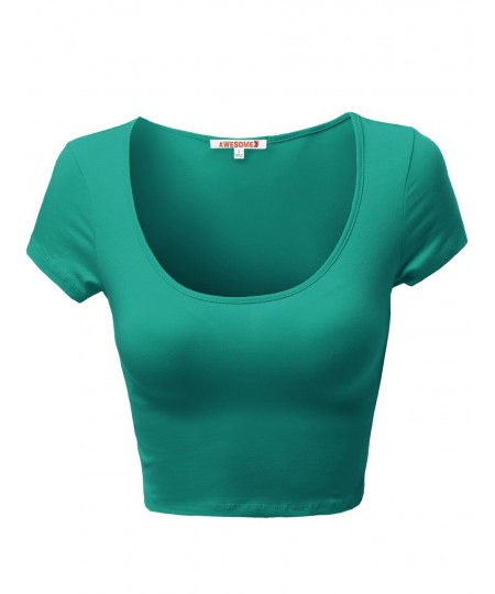 Women's Basic Solid Scoop Neck Slim Fit Cap Sleeve Crop Tops