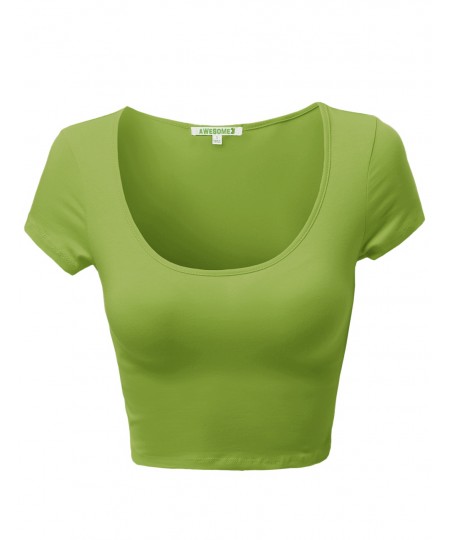 Women's Basic Solid Scoop Neck Slim Fit Cap Sleeve Crop Tops