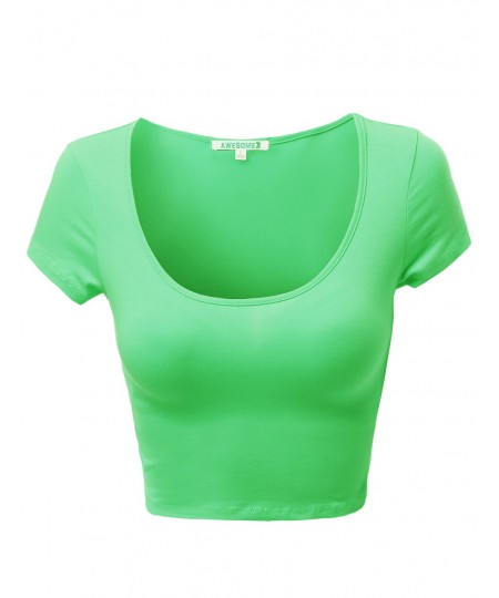 Women's Basic Solid Scoop Neck Slim Fit Cap Sleeve Crop Tops