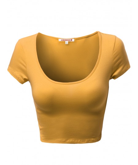 Women's Basic Solid Scoop Neck Slim Fit Cap Sleeve Crop Tops