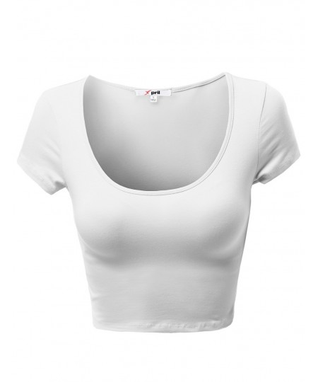 Women's Basic Solid Scoop Neck Slim Fit Cap Sleeve Crop Tops