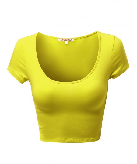 Women's Basic Solid Scoop Neck Slim Fit Cap Sleeve Crop Tops