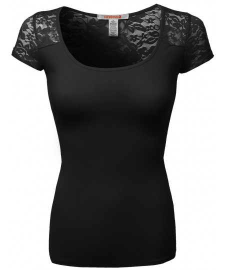 Women's Lace Shoulder Short Sleeves Tops