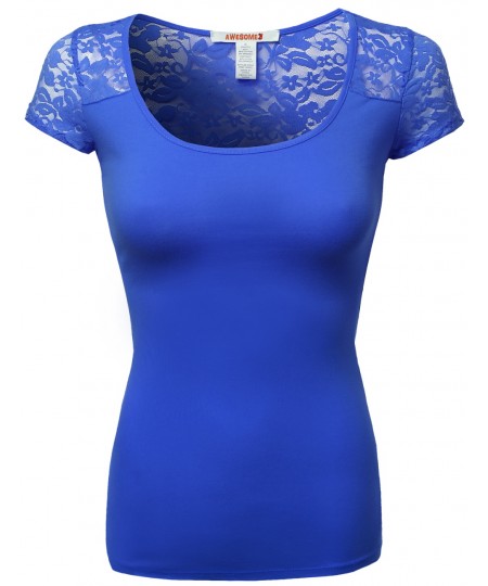 Women's Lace Shoulder Short Sleeves Tops