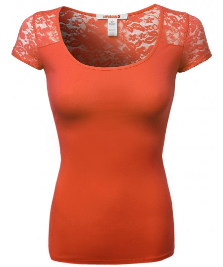 Women's Lace Shoulder Short Sleeves Tops