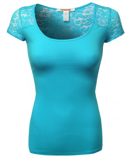 Women's Lace Shoulder Short Sleeves Tops