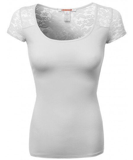 Women's Lace Shoulder Short Sleeves Tops