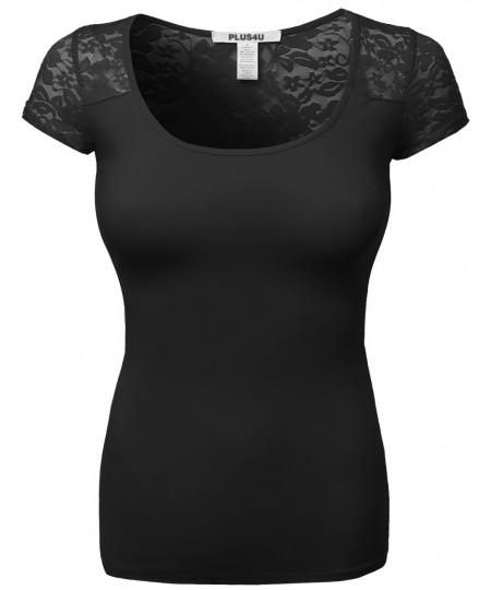 Women's Cute Lace Cover Shoulder Sexy Plus Size Short Sleeve Tee Tops