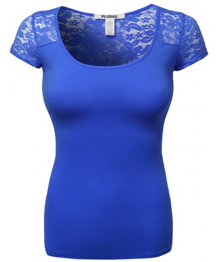 Women's Cute Lace Cover Shoulder Sexy Plus Size Short Sleeve Tee Tops
