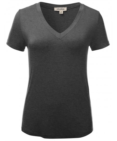 Women's Basic Solid Vneck Various Color Short Sleeve Plus Size Top