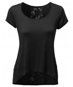 Women's Lace Contrast Detail Good Stretchy Rayon Spandex Top Tee