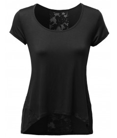 Women's Lace Contrast Detail Good Stretchy Rayon Spandex Top Tee