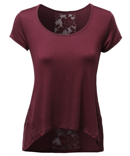 Women's Lace Contrast Detail Good Stretchy Rayon Spandex Top Tee