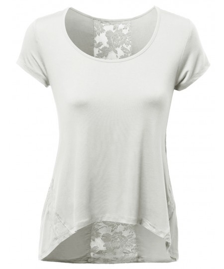 Women's Lace Contrast Detail Good Stretchy Rayon Spandex Top Tee