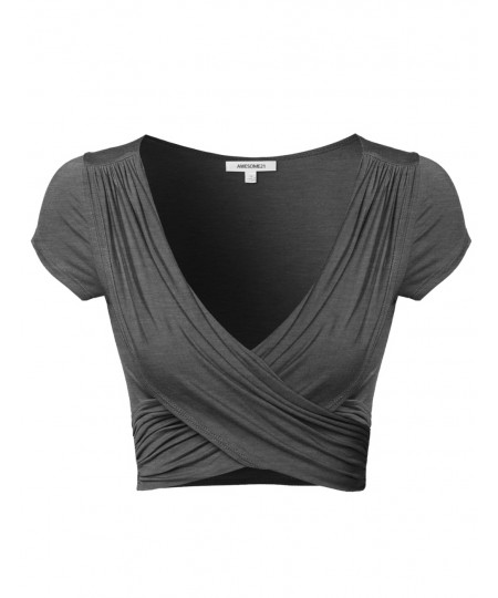 Women's Solid V-Neck Crossover Shirred Wrap Front Cap Sleeves Crop Top