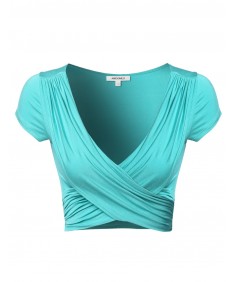 Women's Solid V-Neck Crossover Shirred Wrap Front Cap Sleeves Crop Top