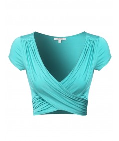 Women's Solid V-Neck Crossover Shirred Wrap Front Cap Sleeves Crop Top