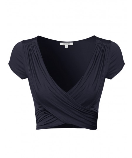 Women's Solid V-Neck Crossover Shirred Wrap Front Cap Sleeves Crop Top