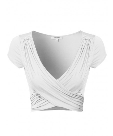 Women's Solid V-Neck Crossover Shirred Wrap Front Cap Sleeves Crop Top