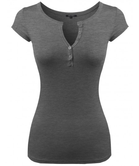 Women's Basic Solid Short Sleeve Button Placket Henley Top