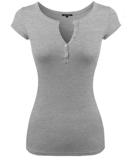 Women's Basic Solid Short Sleeve Button Placket Henley Top