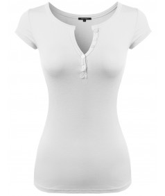 Women's Basic Solid Short Sleeve Button Placket Henley Top