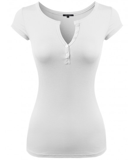 Women's Basic Solid Short Sleeve Button Placket Henley Top