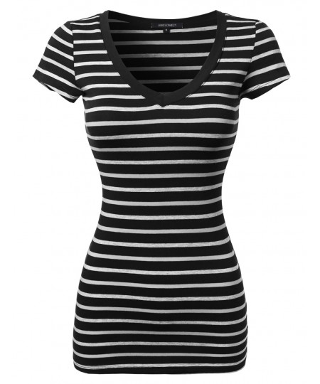 Women's Basic Stripe Short Sleeve V-neck Tee