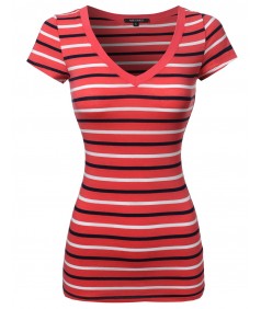 Women's Basic Stripe Short Sleeve V-neck Tee