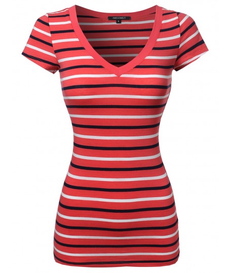 Women's Basic Stripe Short Sleeve V-neck Tee