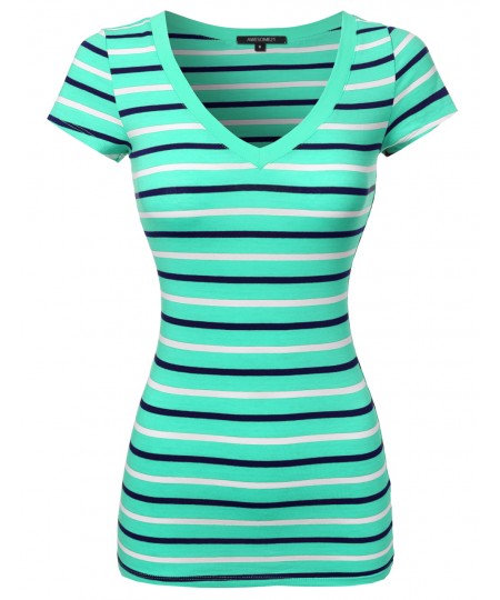 Women's Basic Stripe Short Sleeve V-neck Tee