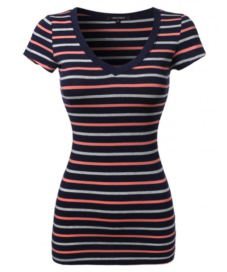 Women's Basic Stripe Short Sleeve V-neck Tee