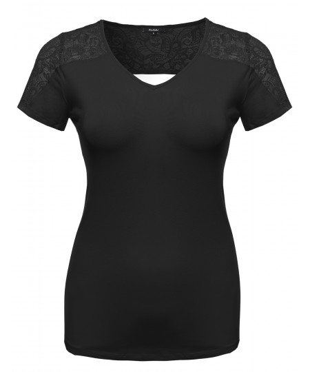 Women's Plus Size Back Lace V-Neck Tee Shirt