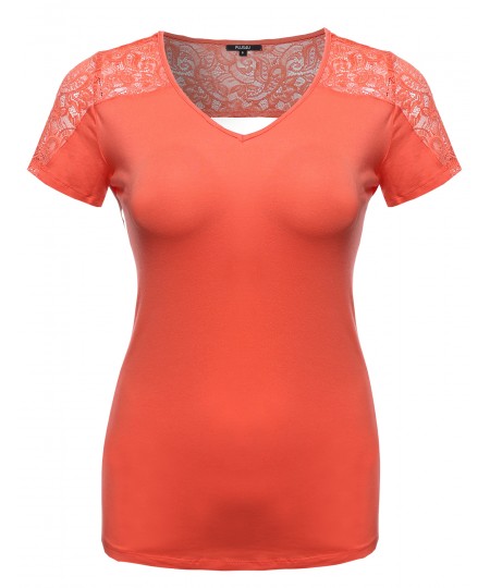 Women's Plus Size Back Lace V-Neck Tee Shirt