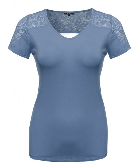 Women's Plus Size Back Lace V-Neck Tee Shirt